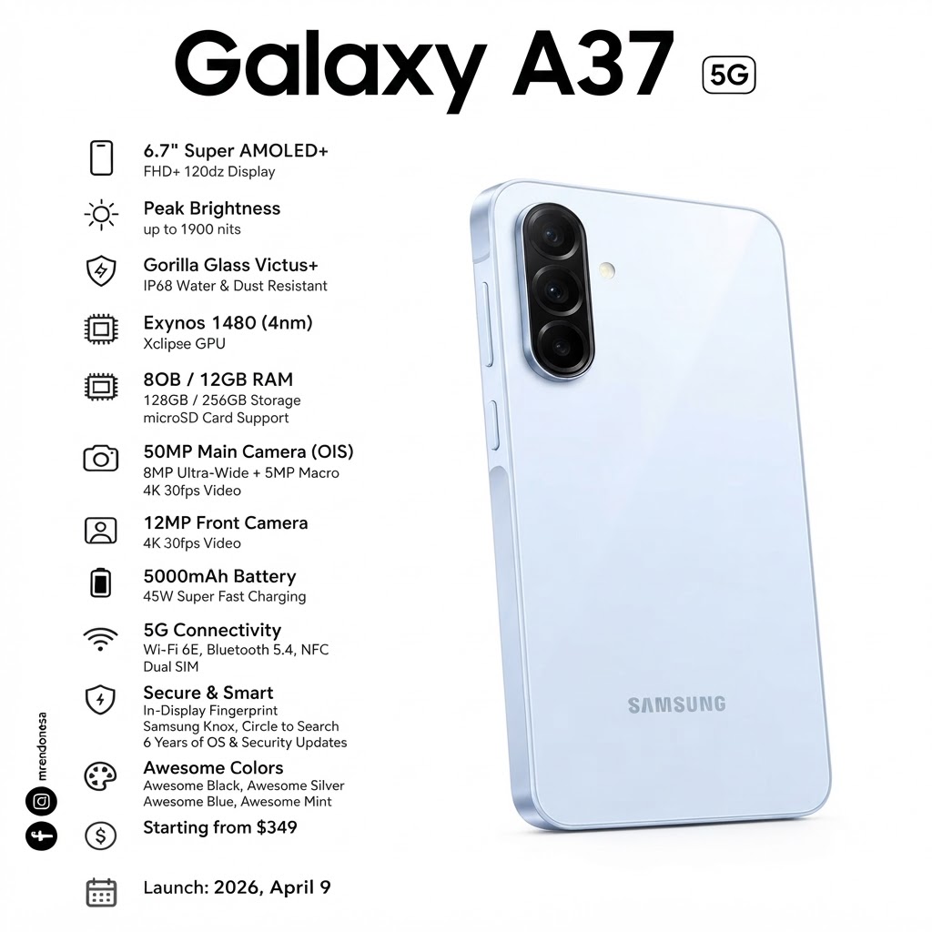 گوشی موبایل سامسونگ مدل Galaxy A37 دو سیم‌کارت ظرفیت 256 گیگابایت و رم 8 گیگابایت