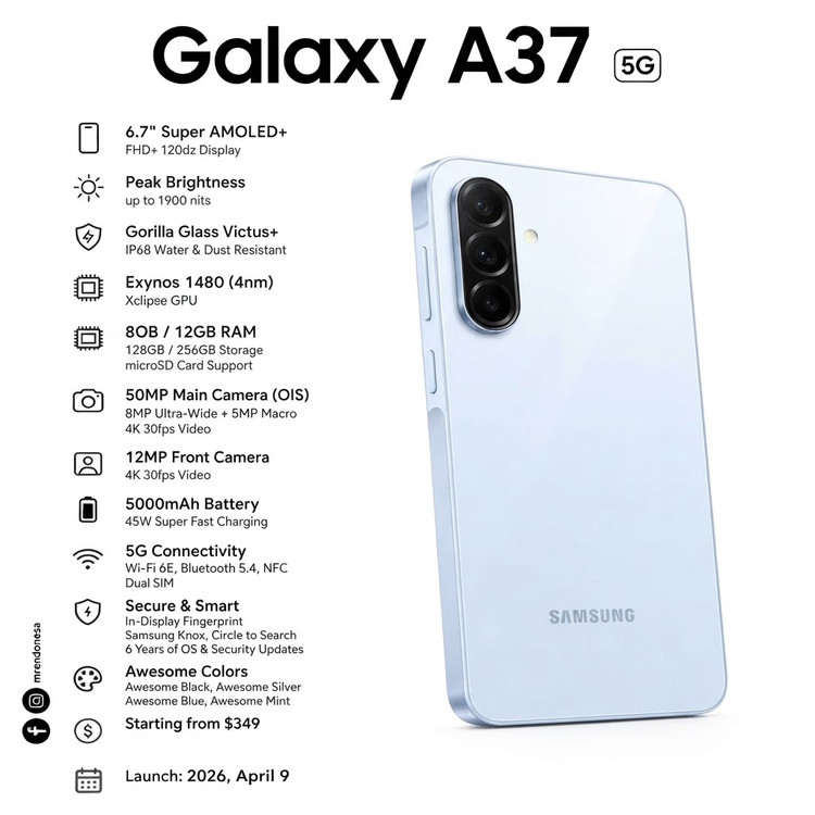 گوشی موبایل سامسونگ مدل galaxy A37 ظرفیت 256 گیگابایت رم 12 گیگابایت