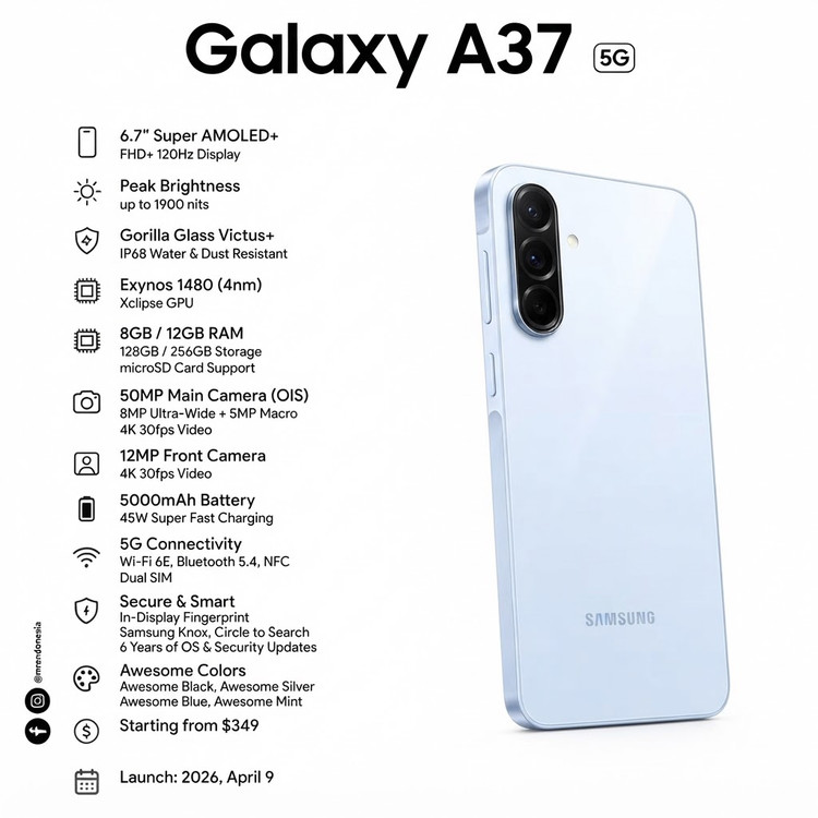 گوشی موبایل سامسونگ مدل galaxy A37 ظرفیت 128 گیگابایت رم 8 گیگابایت