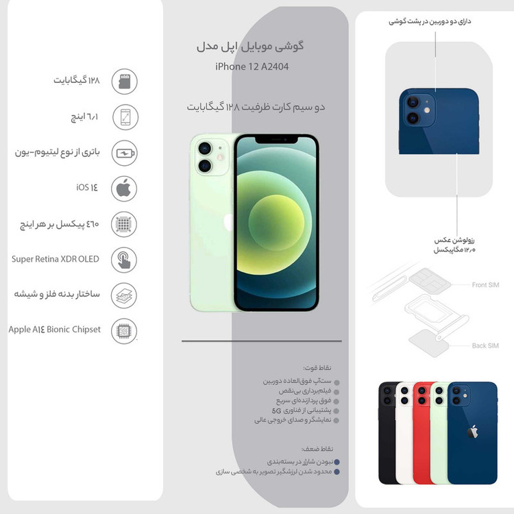 گوشی موبایل اپل مدل iPhone 12 A2404 ZAA دو سیم کارت ظرفیت 128 گیگابایت و رم 4 گیگابایت - نات اکتیو