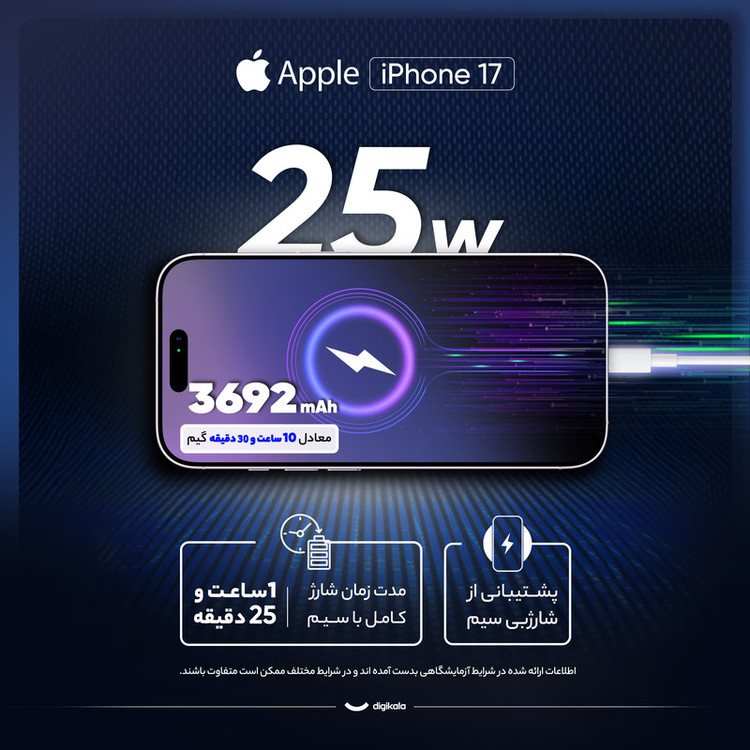 گوشی موبایل اپل مدل iPhone 17 ZAA تک سیم کارت + eSim ظرفیت 256 گیگابایت و رم 8 گیگابایت - اکتیو